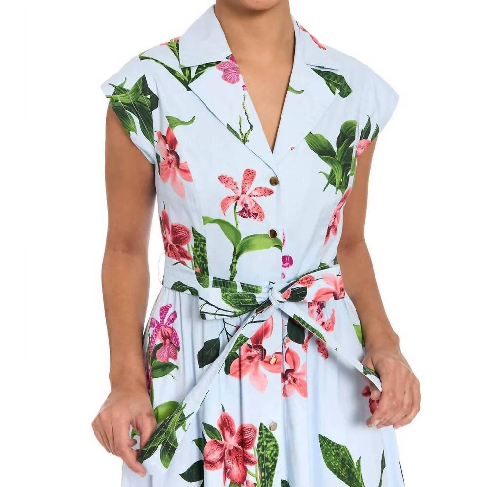 NEW LONDON TIMES rosemary cotton belted shirt dress in sky blue / sunkist coral - Picture 4 of 4
